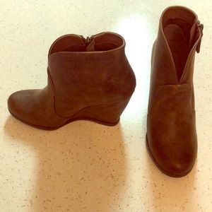 Brown leather wedge booties